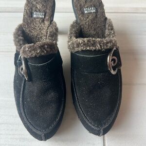 Stuart Weitzman Black Suede Mule Clogs with Brown Faux-Fur Trim